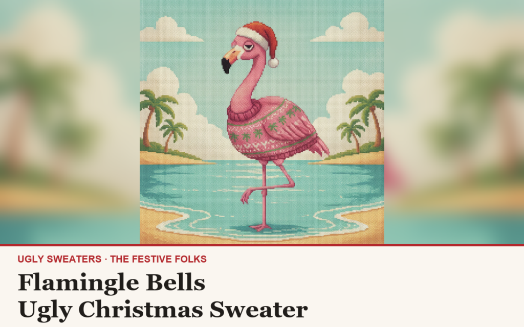 Flamingle Bells ugly sweater article cover: the Flamingle Bells character illustration, house title strip
