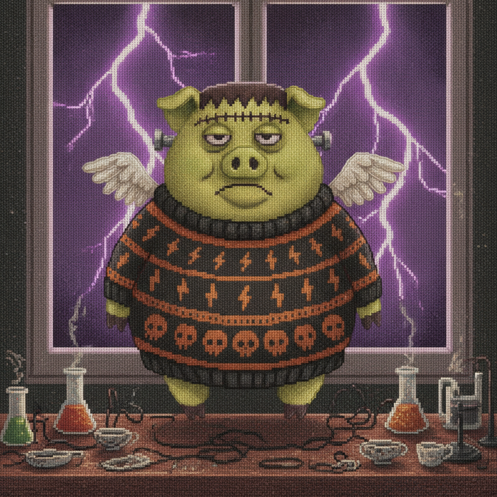 Frankenswine Halloween ugly sweater character art: a green Frankenstein pig with a flat head, neck bolts and small wings, standing among bubbling laboratory flasks