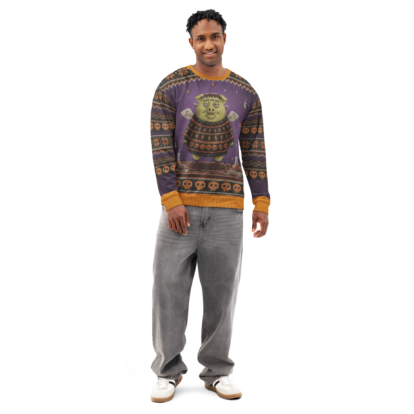 Frankenswine all-over-print sweatshirt on a model, front view