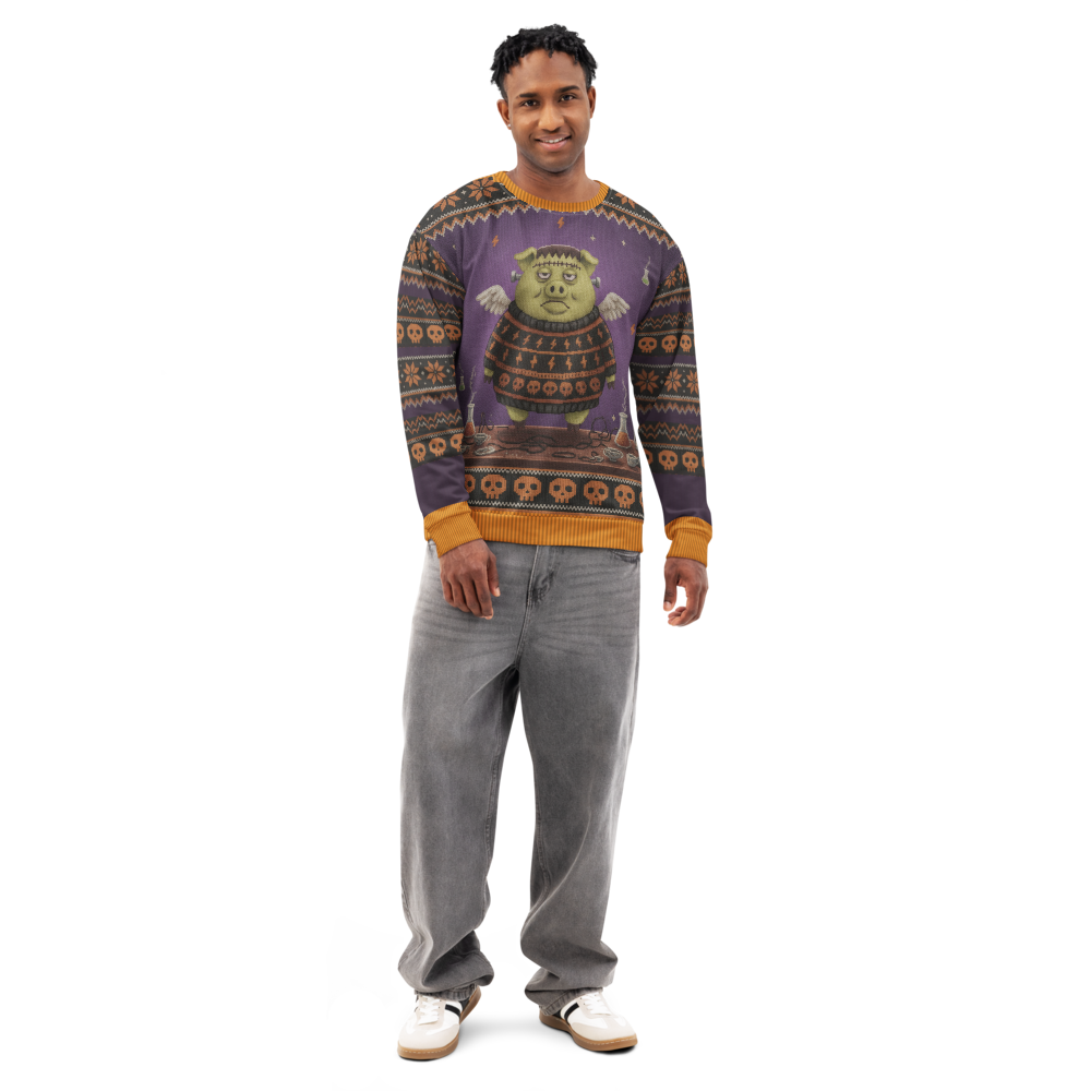 Frankenswine Halloween Ugly Sweatshirt, All-Over Print on male model, front