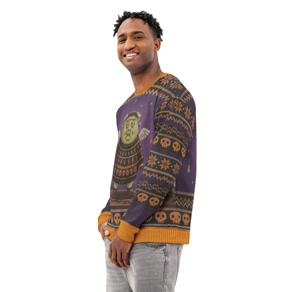 Frankenswine Halloween Ugly Sweatshirt, All-Over Print on male model, side