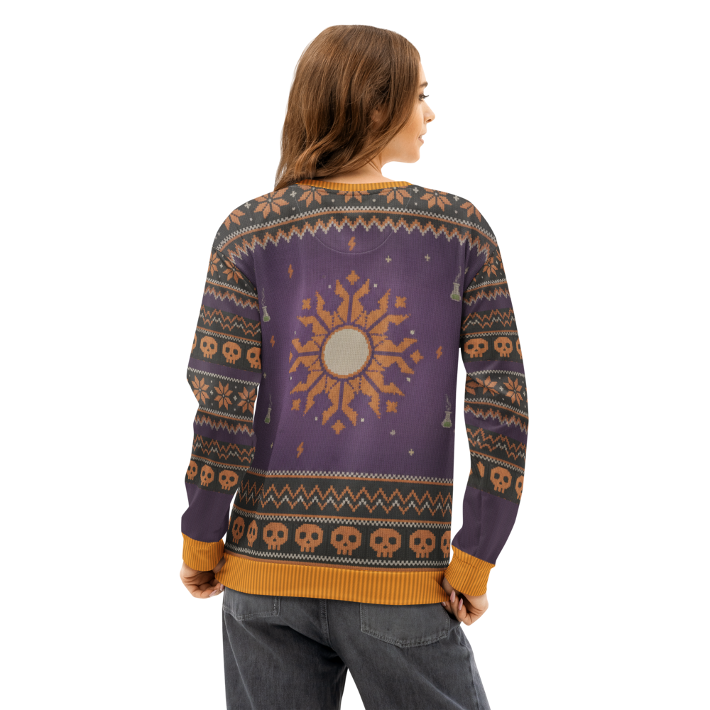 Frankenswine Halloween Ugly Sweatshirt, All-Over Print on female model, back