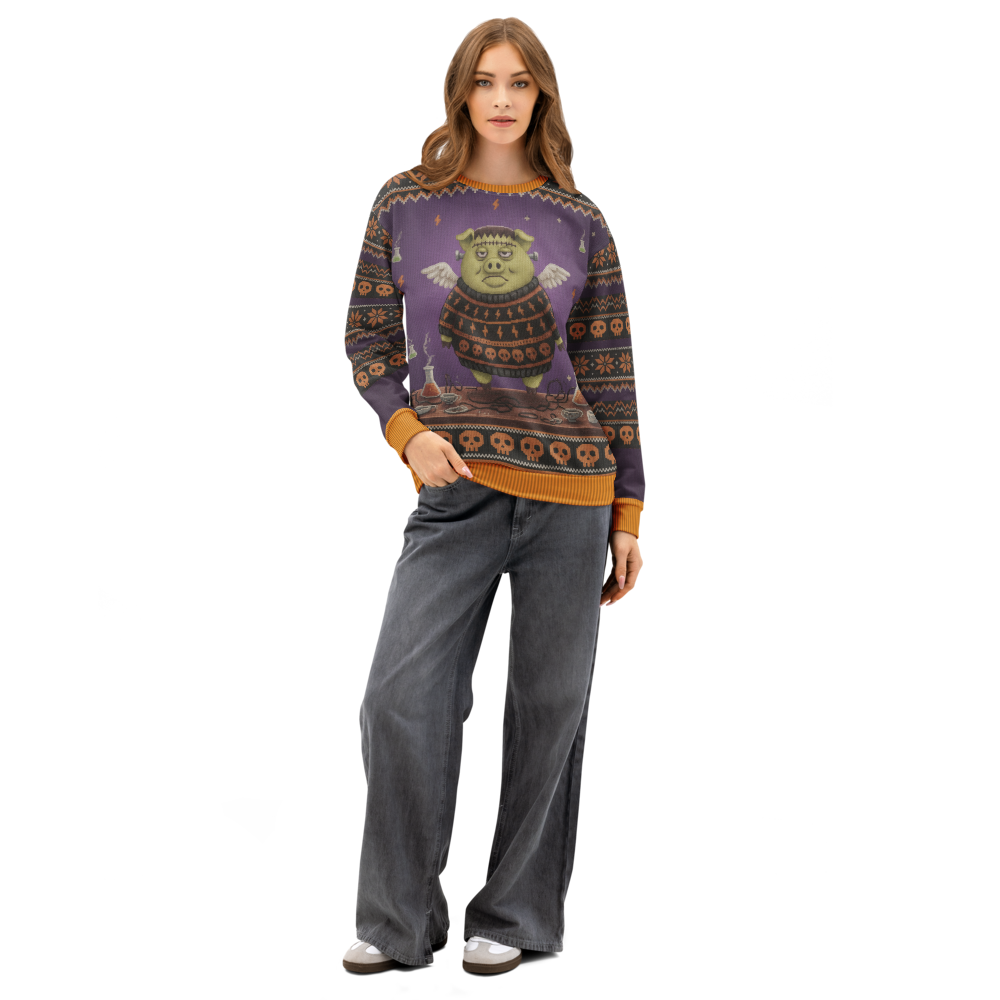 Frankenswine Halloween Ugly Sweatshirt, All-Over Print on female model, front