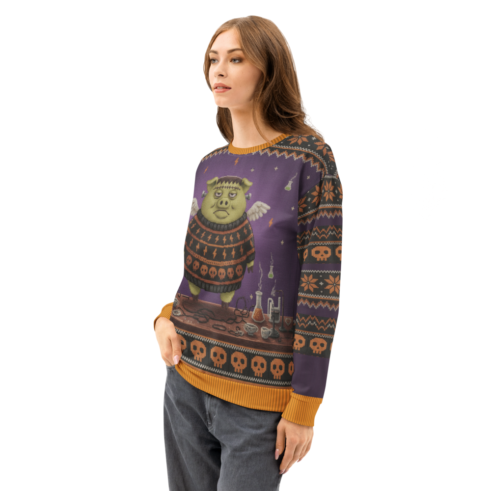 Frankenswine Halloween Ugly Sweatshirt, All-Over Print on female model, side