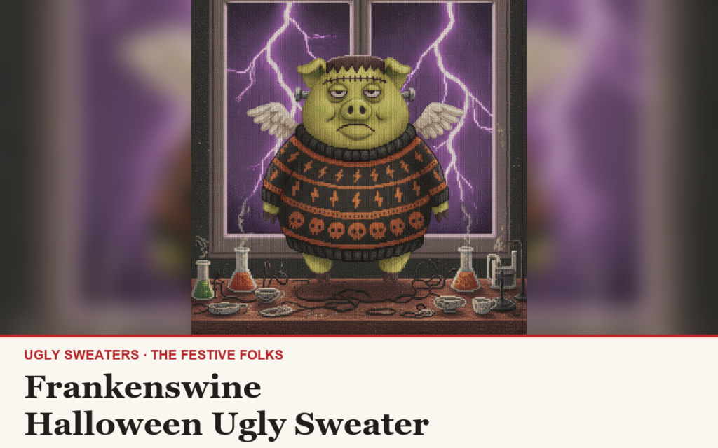 Frankenswine ugly sweater article cover: the Frankenswine character illustration, house title strip