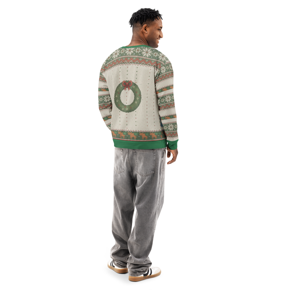 Fringe Benefits Ugly Christmas Sweatshirt, All-Over Print on male model, back