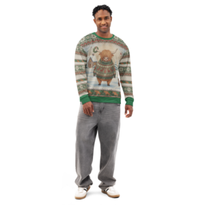 Fringe Benefits Ugly Christmas Sweatshirt, All-Over Print on male model, front