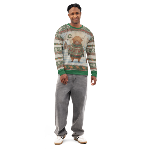 Fringe Benefits all-over-print sweatshirt on a model, front view