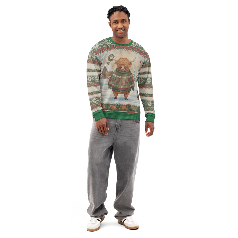 Fringe Benefits Ugly Christmas Sweatshirt, All-Over Print on male model, front