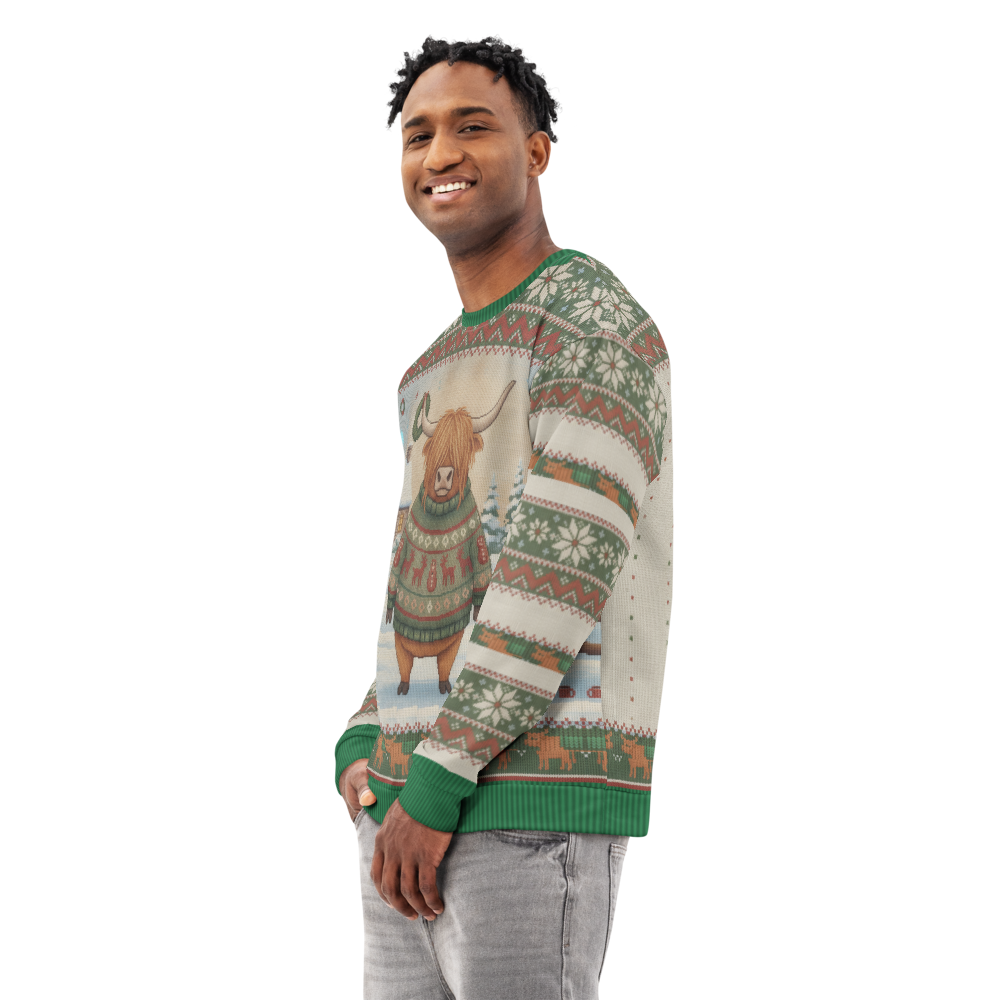 Fringe Benefits Ugly Christmas Sweatshirt, All-Over Print on male model, side