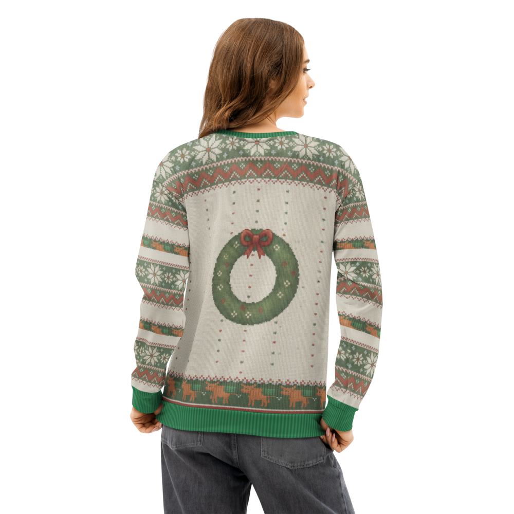 Fringe Benefits Ugly Christmas Sweatshirt, All-Over Print on female model, back