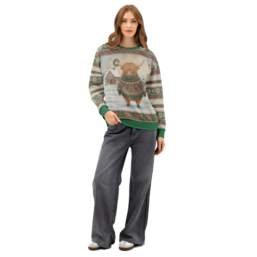 Fringe Benefits Ugly Christmas Sweatshirt, All-Over Print on female model, front