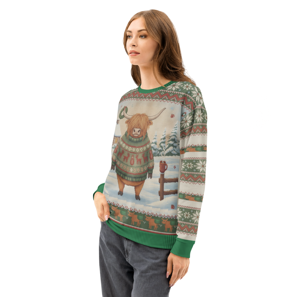 Fringe Benefits Ugly Christmas Sweatshirt, All-Over Print on female model, side