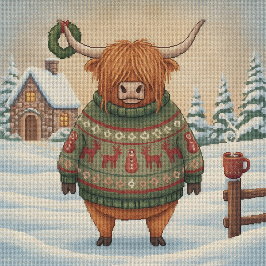 Fringe Benefits ugly Christmas sweater character art: a highland cow with a long fringe over its eyes in a green knitted sweater, standing in the snow beside a cabin and a wreath on a fence