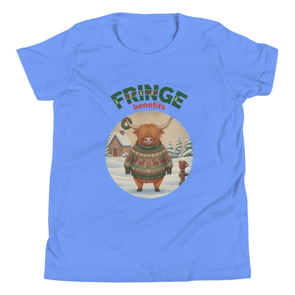 Fringe Benefits Kids' Ugly Christmas Tee — Blue flat