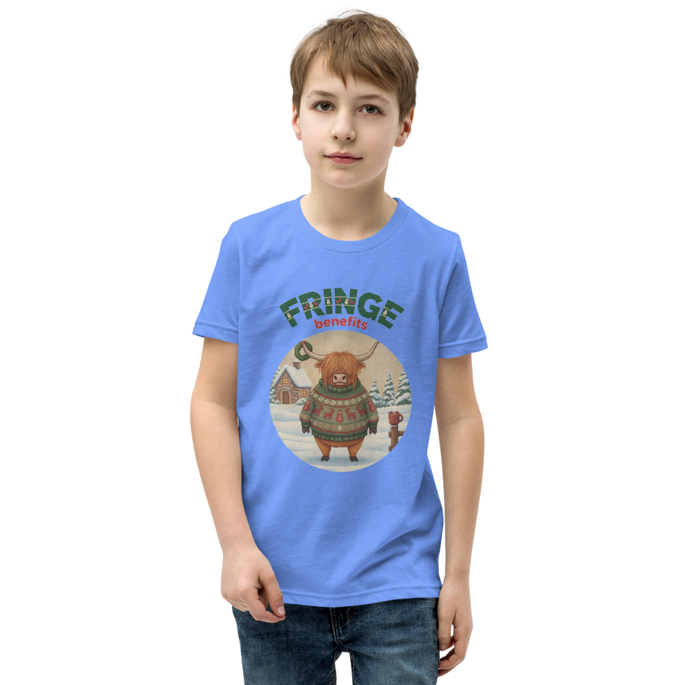 Fringe Benefits Kids' Ugly Christmas Tee — Blue model