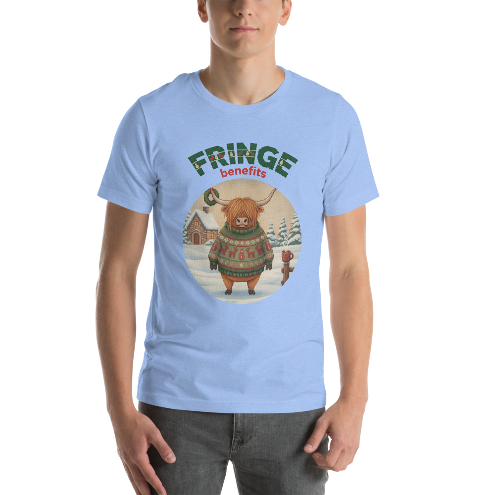 Fringe Benefits Ugly Christmas Tee โ Blue model