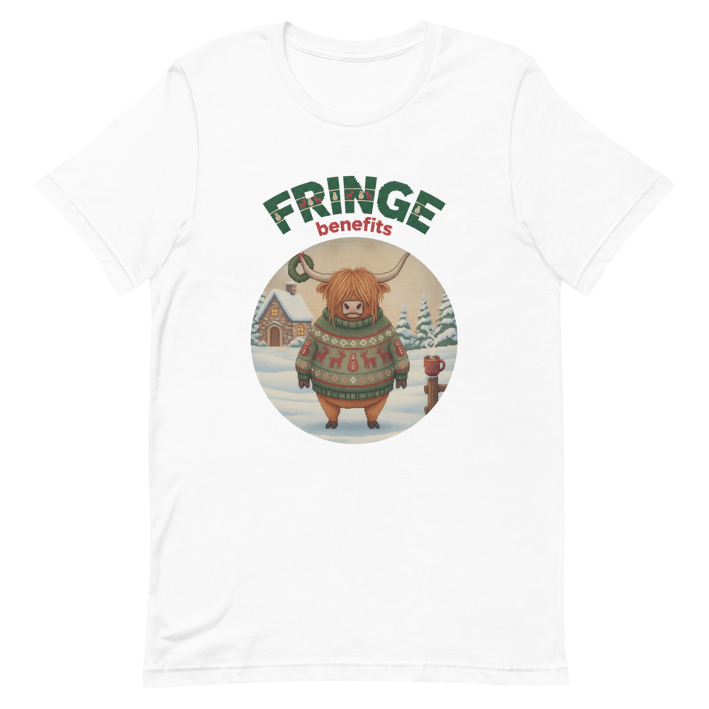 Fringe Benefits Ugly Christmas Tee โ Pure White flat