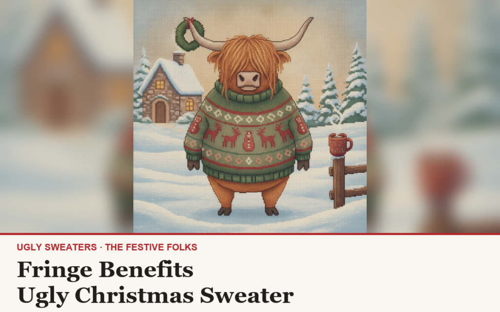 Fringe Benefits ugly sweater article cover: the Fringe Benefits character illustration, house title strip