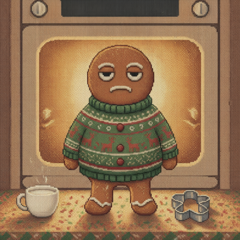 Gingerbread Man ugly Christmas sweater character art: a gingerbread man in a green knitted sweater standing on a cream field beside a cup of cocoa and the cutter that made him