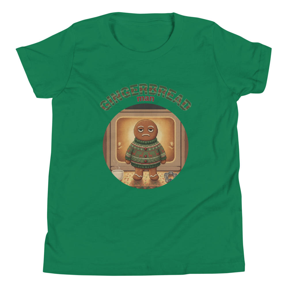 Gingerbread Man Kids' Ugly Christmas Tee — Green flat