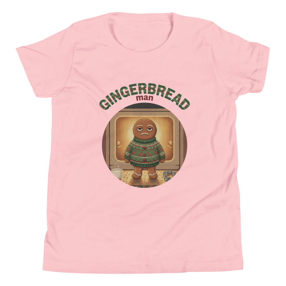 Gingerbread Man Kids' Ugly Christmas Tee — Light Pink flat