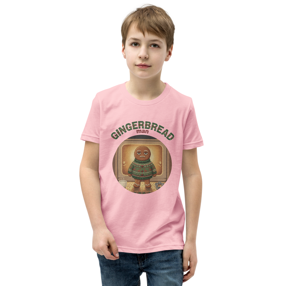Gingerbread Man Kids' Ugly Christmas Tee — Light Pink model