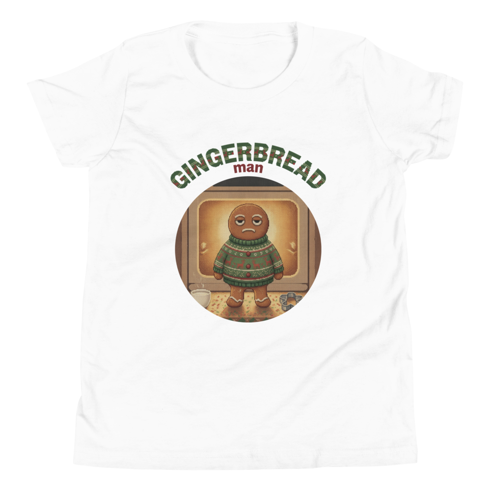 Gingerbread Man Kids' Ugly Christmas Tee — Pure White flat