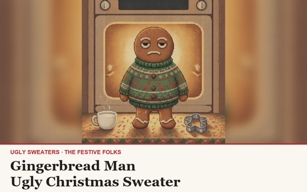 Gingerbread Man ugly sweater article cover: the Gingerbread Man character illustration, house title strip