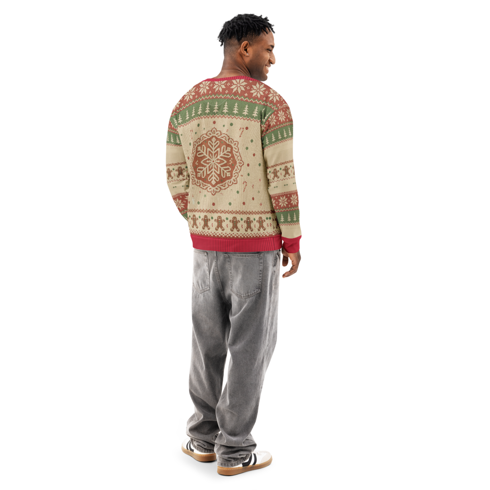 Gingerbread Man Ugly Christmas Sweatshirt, All-Over Print on male model, back