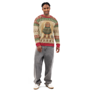 Gingerbread Man Ugly Christmas Sweatshirt, All-Over Print on male model, front
