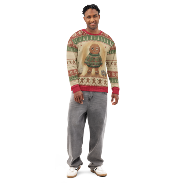 Gingerbread Man all-over-print sweatshirt on a model, front view