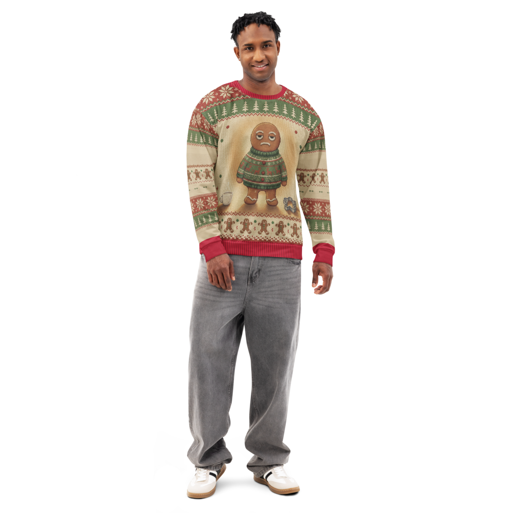 Gingerbread Man Ugly Christmas Sweatshirt, All-Over Print on male model, front