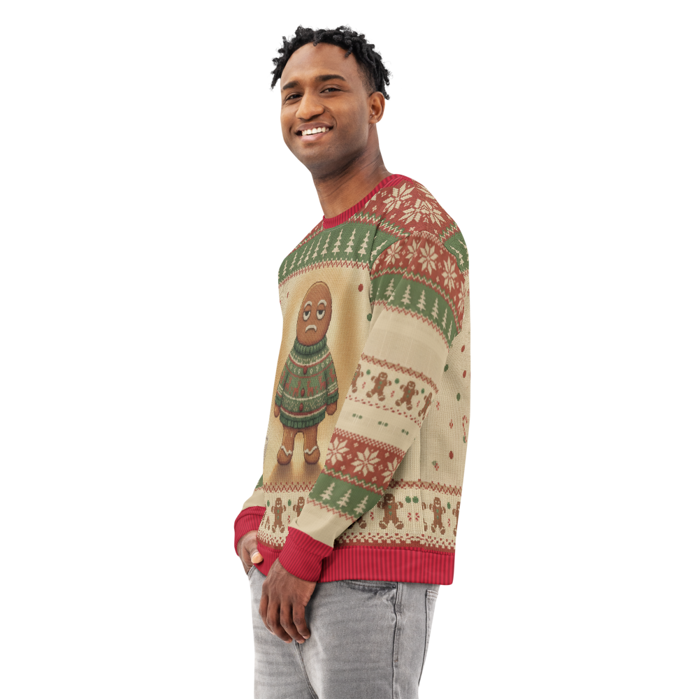 Gingerbread Man Ugly Christmas Sweatshirt, All-Over Print on male model, side
