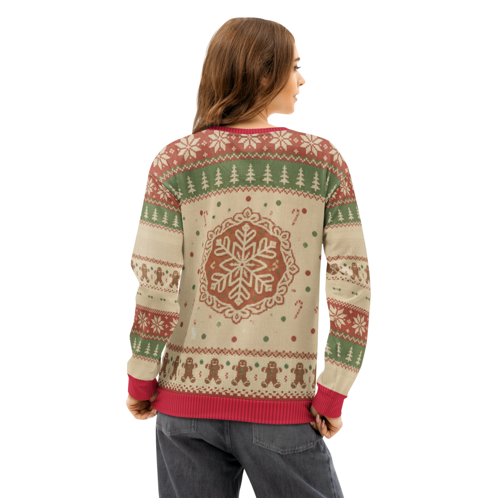 Gingerbread Man Ugly Christmas Sweatshirt, All-Over Print on female model, back