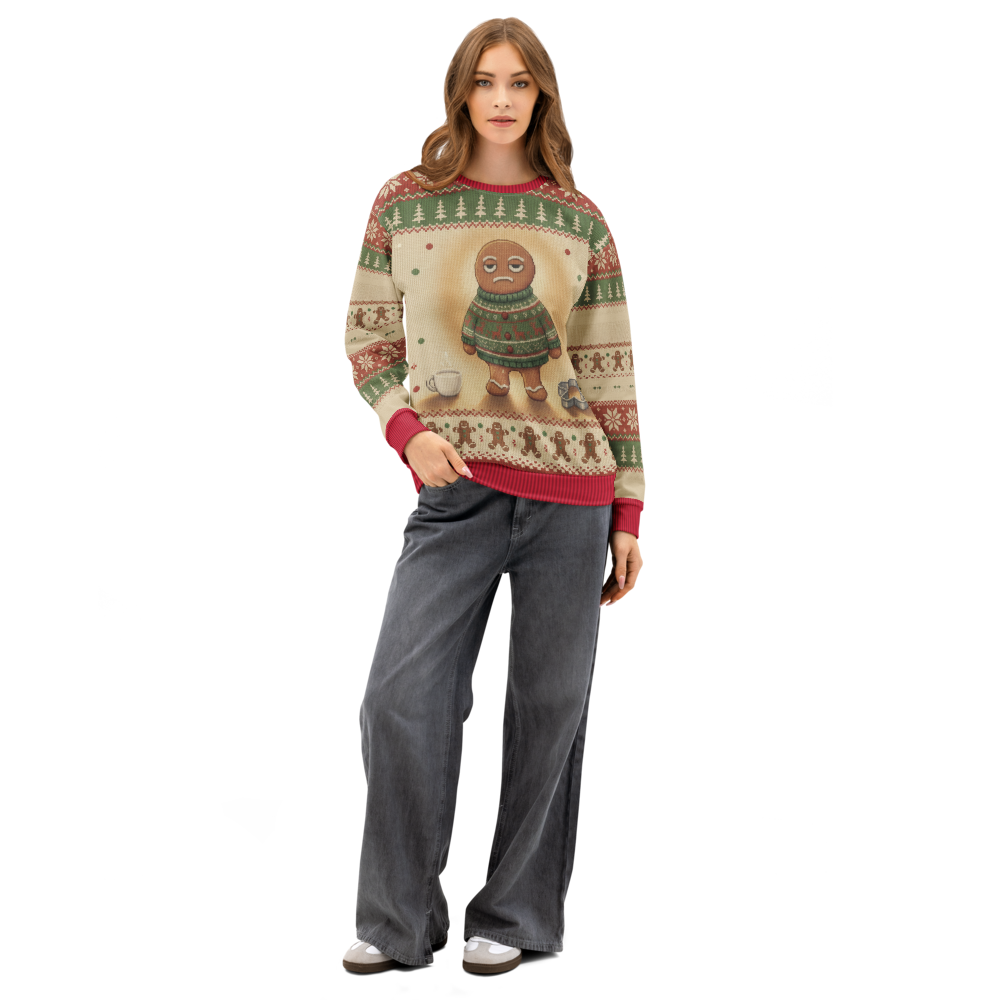 Gingerbread Man Ugly Christmas Sweatshirt, All-Over Print on female model, front