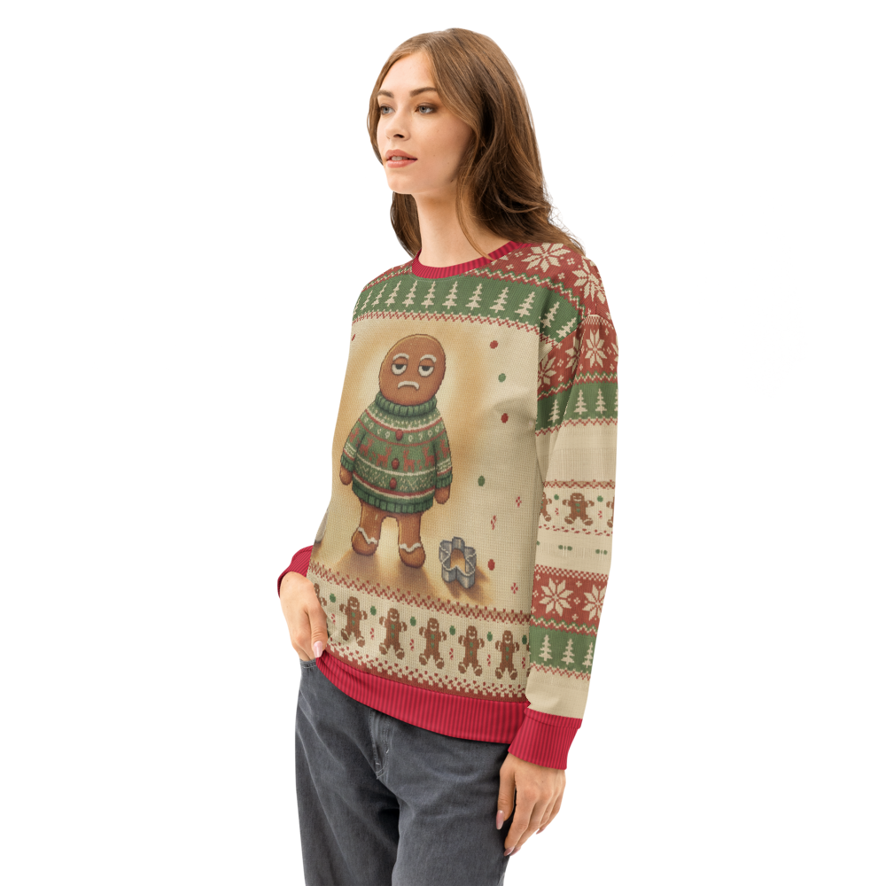 Gingerbread Man Ugly Christmas Sweatshirt, All-Over Print on female model, side