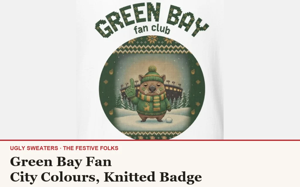 The Green Bay Fan badge design, a deadpan fan critter in green and gold gameday kit with a foam finger raised, on a knitted crest with GREEN BAY arched above in stitched letters