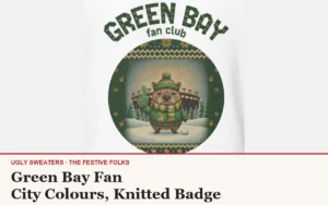 The Green Bay Fan badge design, a deadpan fan critter in green and gold gameday kit with a foam finger raised, on a knitted crest with GREEN BAY arched above in stitched letters