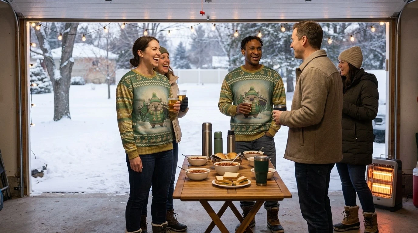 Friends at a snowy garage tailgate, two of them wearing the Green Bay Fan all-over-print sweatshirt
