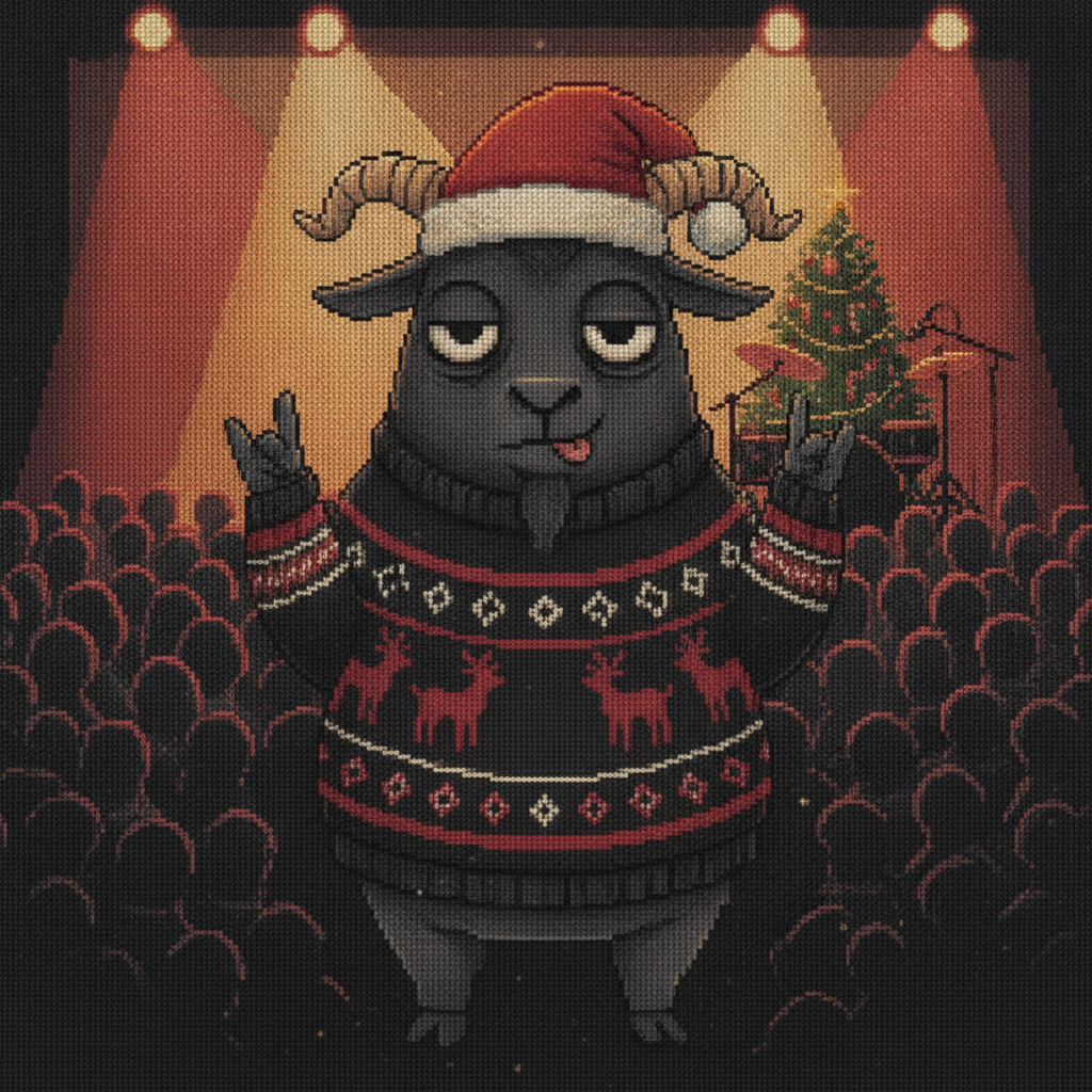 Hail Santa ugly Christmas sweater character art: a black goat in a Santa hat on a stage under red spotlights throwing the horns, a crowd below and a small Christmas tree beside him