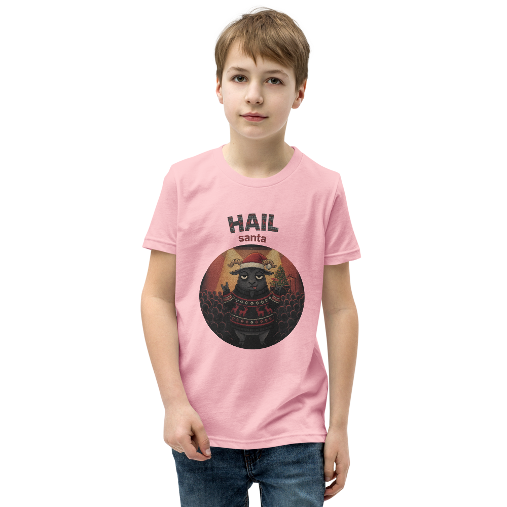 Hail Santa Kids' Ugly Christmas Tee — Light Pink model