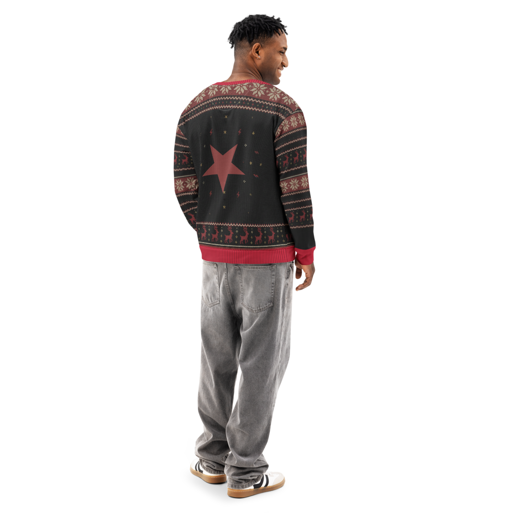 Hail Santa Ugly Christmas Sweatshirt, All-Over Print on male model, back
