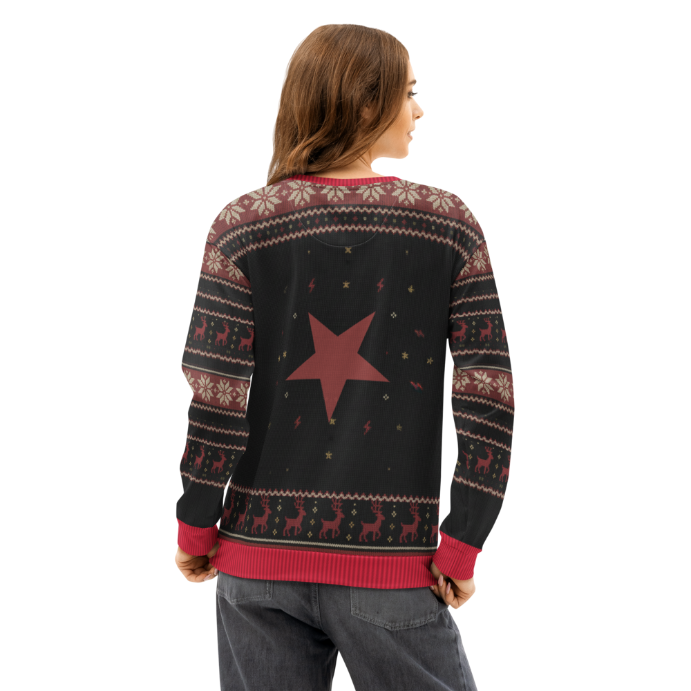 Hail Santa Ugly Christmas Sweatshirt, All-Over Print on female model, back