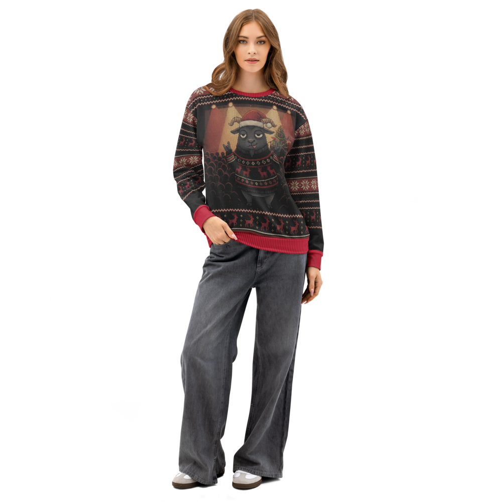 Hail Santa Ugly Christmas Sweatshirt, All-Over Print on female model, front