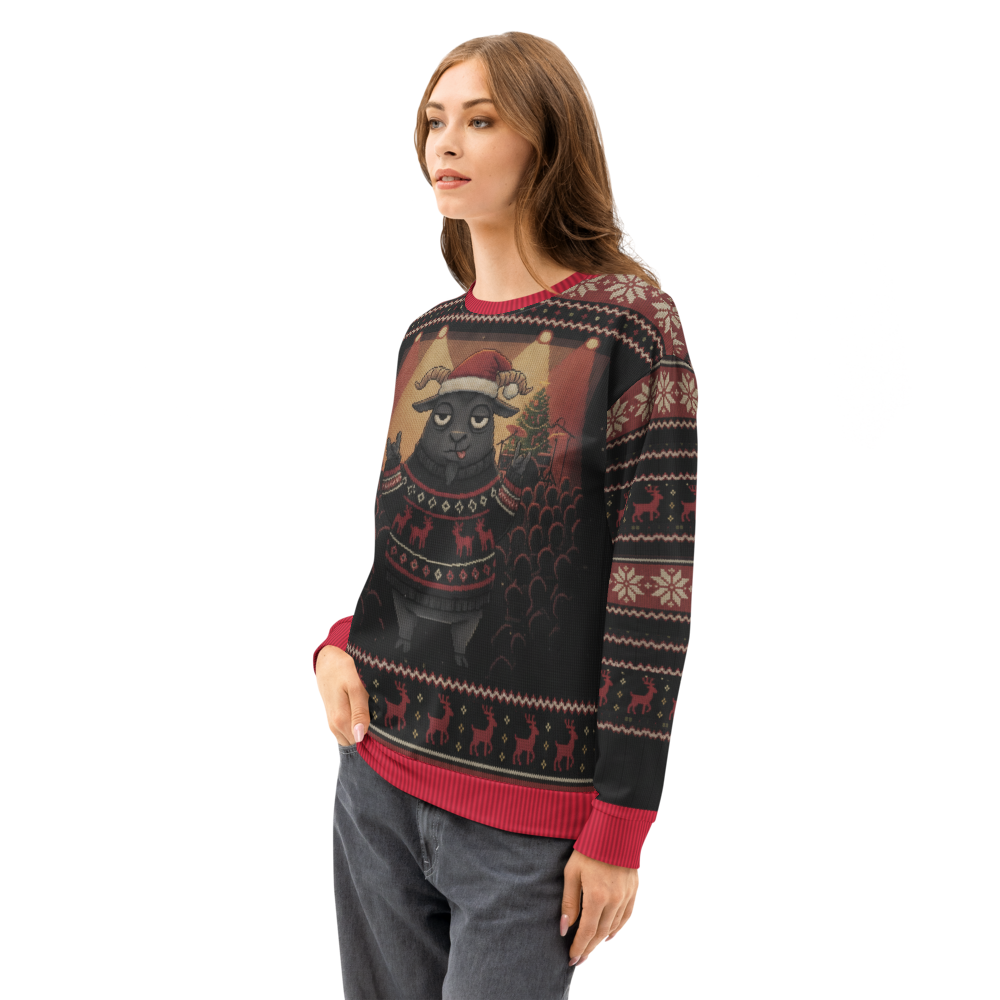 Hail Santa Ugly Christmas Sweatshirt, All-Over Print on female model, side