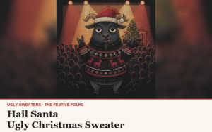 Hail Santa ugly sweater article cover: the Hail Santa character illustration, house title strip