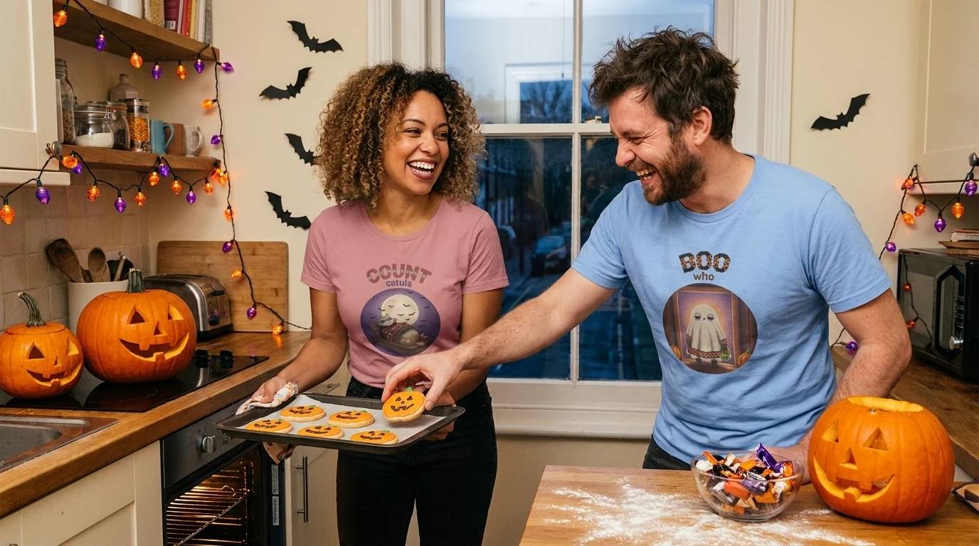 Two friends laughing in a kitchen decorated for Halloween, one holding a tray of iced pumpkin biscuits, both wearing printed Halloween t-shirts, carved jack-o-lanterns and orange string lights around them