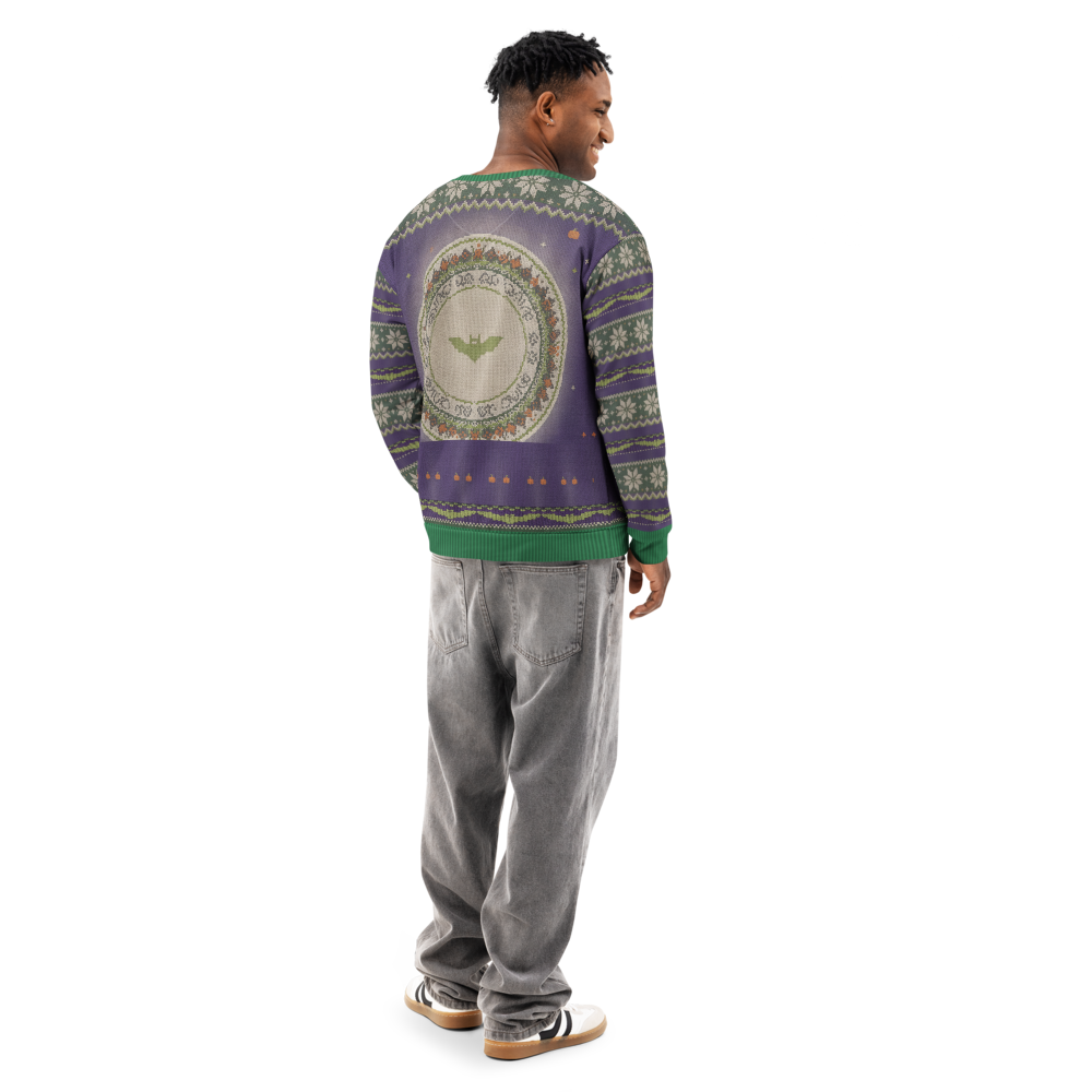 Hang In There Halloween Ugly Sweatshirt, All-Over Print on male model, back