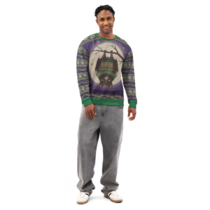 Hang In There Halloween Ugly Sweatshirt, All-Over Print on male model, front